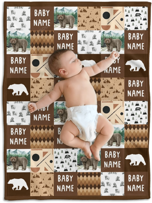 Personalized Name Bear Baby Blanket - Woodland Custom Nursery Blanket - Fleece Blanket for Baby Boy - Woodland Baby Blanket for Boys Girls - Image 2