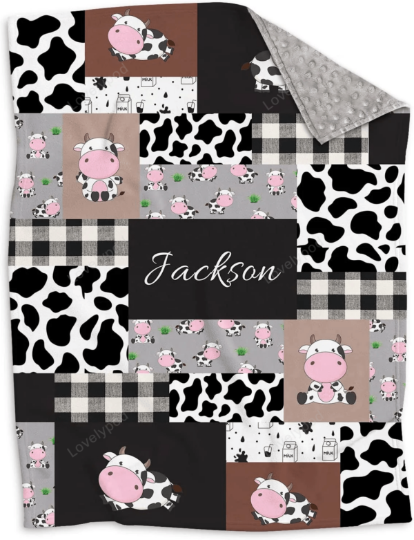 Personalized Cow Print Baby Blanket with Name - Boy's Girl's Cartoon Cute Cow Milk Nursery Theme - Toddler Minky Blankets