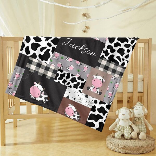 Personalized Cow Print Baby Blanket with Name - Boy's Girl's Cartoon Cute Cow Milk Nursery Theme - Toddler Minky Blankets - Image 2