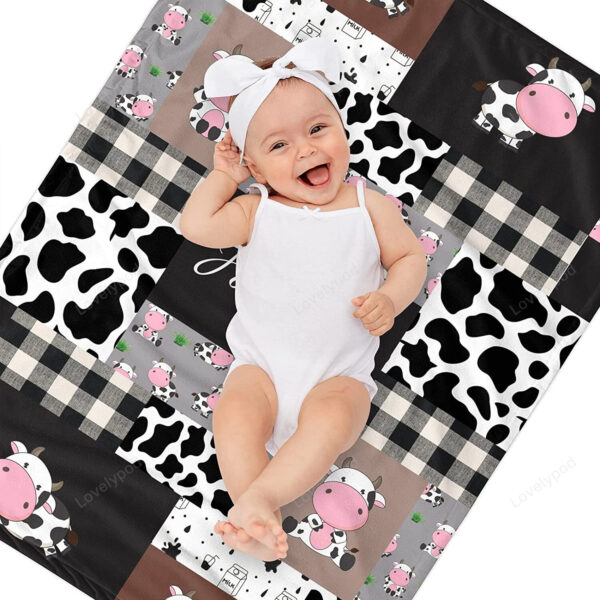 Personalized Cow Print Baby Blanket with Name - Boy's Girl's Cartoon Cute Cow Milk Nursery Theme - Toddler Minky Blankets - Image 3