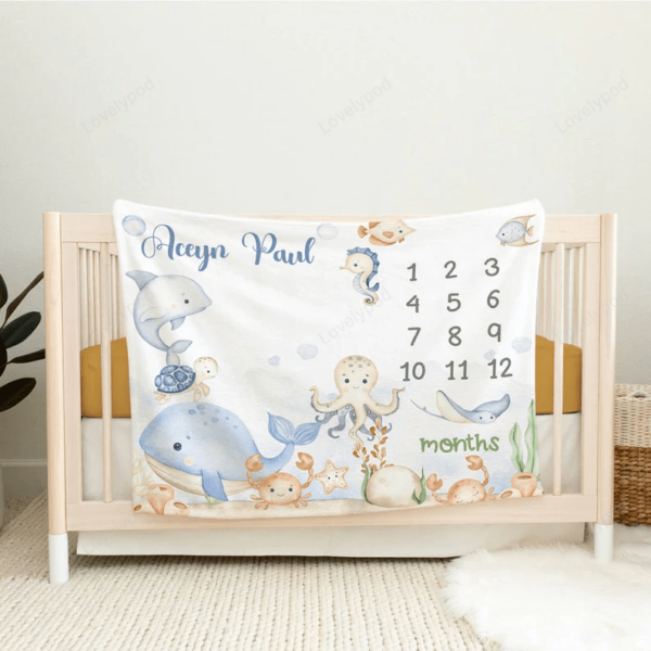 Personalized Baby Boy Under the Sea Milestone Blanket, Ocean Nursery, Boy Growth Blanket, Custom Name Boy Milestone - Image 2