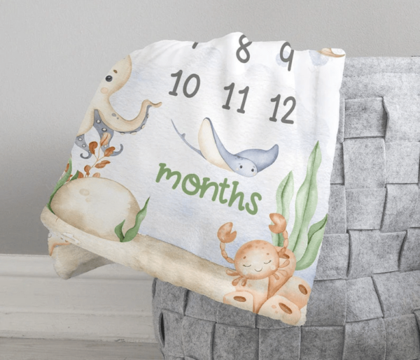 Personalized Baby Boy Under the Sea Milestone Blanket, Ocean Nursery, Boy Growth Blanket, Custom Name Boy Milestone - Image 4