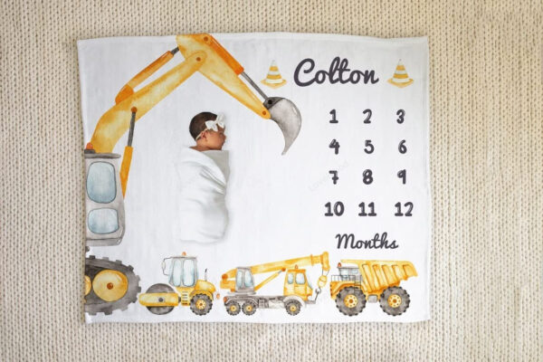 Boy Girl Newborn Kid Nursery Swaddling Blankets Construction Milestone Blanket, Dump Truck Baby Boy Milestone Blanket