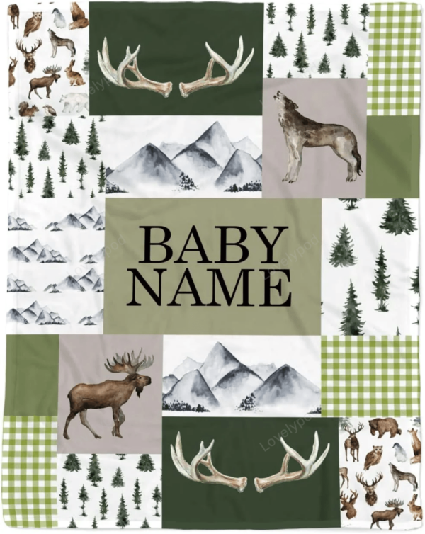 Personalized Woodland Nursery Blanket, Baby Boy Woodland Blanket,Deer Baby Blankets for Boys,Woodland Theme Blanket, - Image 3