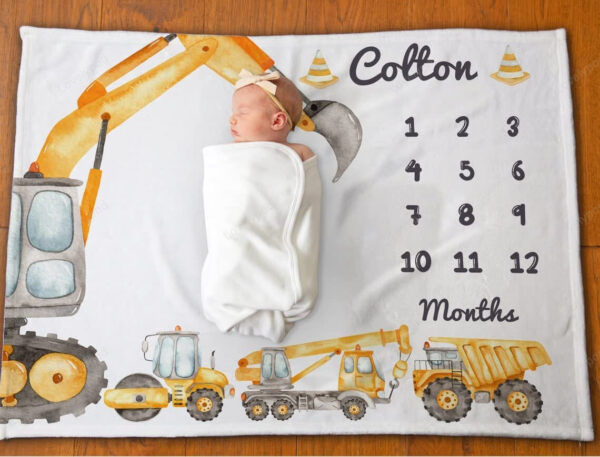 Boy Girl Newborn Kid Nursery Swaddling Blankets Construction Milestone Blanket, Dump Truck Baby Boy Milestone Blanket - Image 4