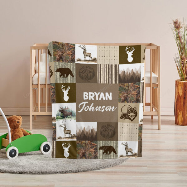 Personalized Name Baby Blanket, Woodland Nursery Blanket, Vintage Woodland Baby Blanket Boy, Boy Brown Fleece Blanket - Image 3