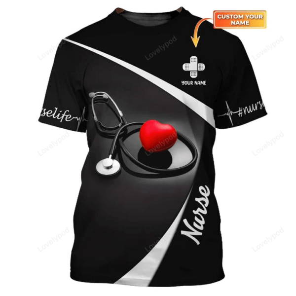 Nurse Heart 3D Tee Shirt, Nursing Custom black Tshirt, Personalized Gift for Nurse - Image 2