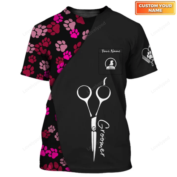 Dog Groomer Pesonalized T Shirt, Grooming Uniform Dog Pattern Tee - Image 2