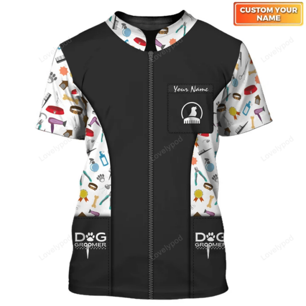 Customized name Paw Dog Groomer 3D shirt, Dog Barber Black Pet Groomer Uniform