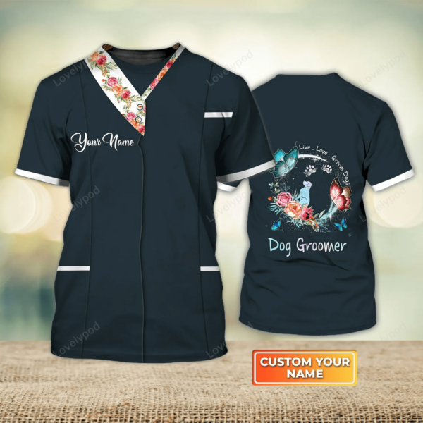 Flower Bather Groomer,  Pet Groomer Uniform Black Salon Pet Groomer Personalized Name 3D Tshirt