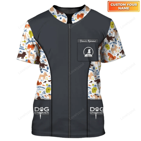 Customized name Paw Dog Groomer 3D shirt, Dog Barber Black Pet Groomer Uniform - Image 2