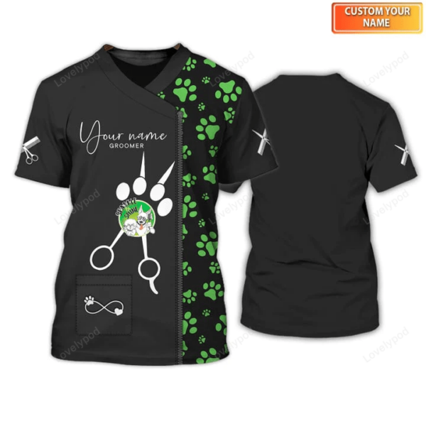 Groomer Dog Groomer Uniform Salon Pet Custom Tee Shirt Green - Image 2