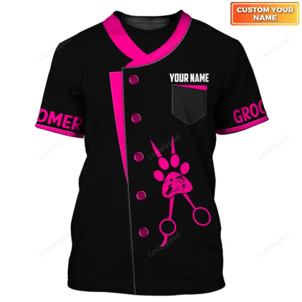 Customized name Paw Dog Groomer 3D shirt, Dog Barber Black Pet Groomer Uniform - Image 4