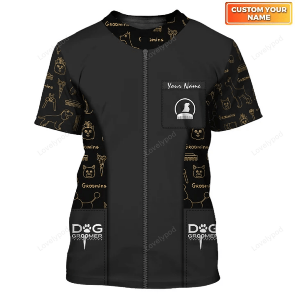 Customized name Paw Dog Groomer 3D shirt, Dog Barber Black Pet Groomer Uniform - Image 6