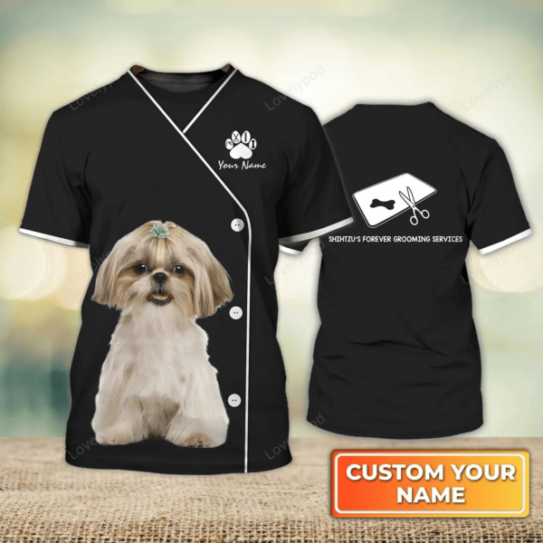 Shihtzu Dog Groomer Pet Groomer Uniform Pink Salon Pet Personalized Name 3D Tshirt