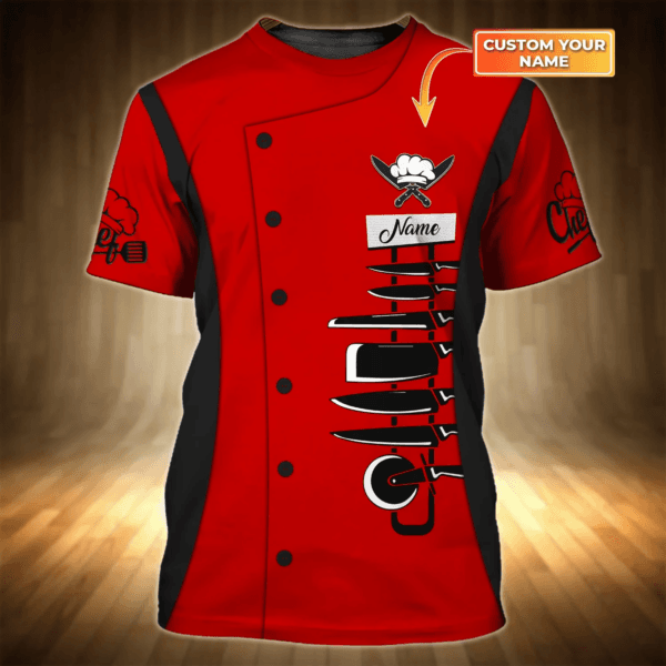 Cook Shirt Chef Personalized Name 3D Tshirt Kitchen Red & Black Shirt - Image 2