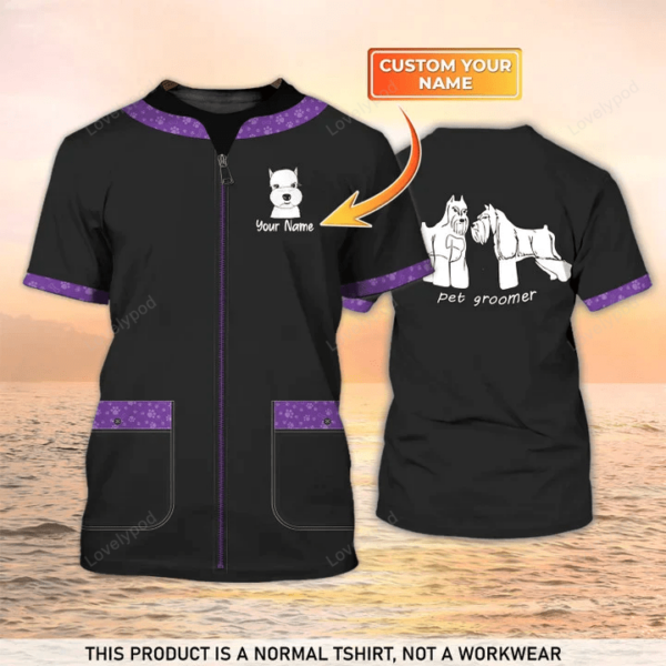 Pet Groomer 3D T-shirt, Grooming Custom Shirts Pet Salon Uniform Black & Purple - Image 2