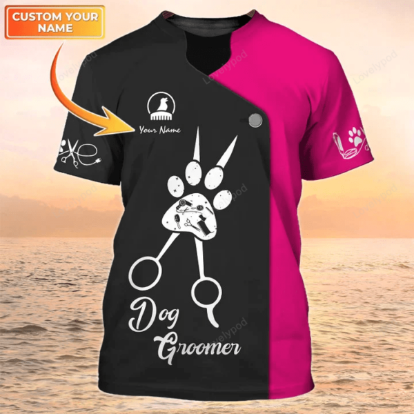 Dog Groomer Pesonalized name 3D Shirt for Men, Grooming Uniform Black Pink - Image 2