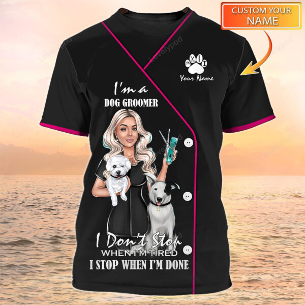 Paw Dog Groomer Uniform Black Salon Pet Personalized Name 3D Tshirt, Fun Cute Dog Grooming Groomer T-Shirt - Image 7