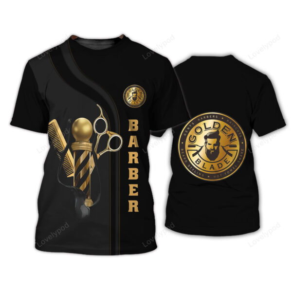 Golden Haircut & Shaves Barber Shop Tee Shirt Custom Barber Uniform Black & Golden