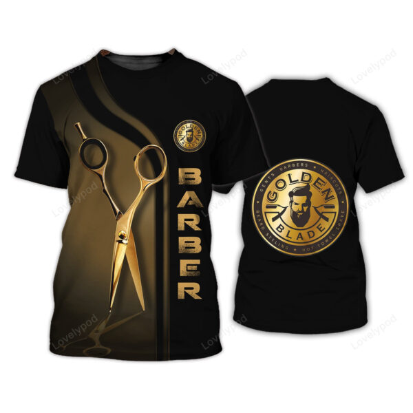 Golden Haircut & Shaves Barber Shop Tee Shirt Custom Barber Uniform Black & Golden - Image 2