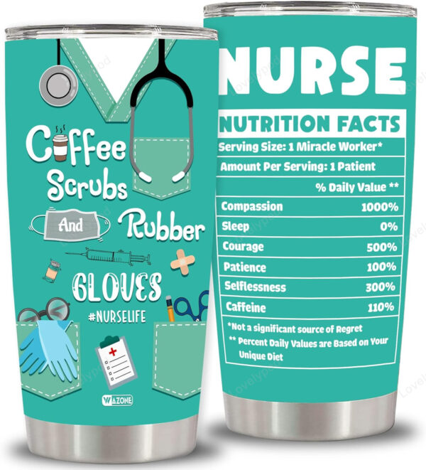 Nurse Nutrition Facts Tumbler Cup Coffee Scrubs and Rubber Gloves Insulated Vacuum Stainless Steel 20 Oz Travel Mug Thermos Nurses Gifts for Women - Image 2