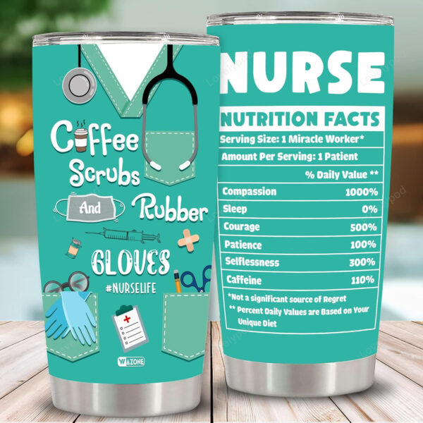 Nurse Nutrition Facts Tumbler Cup Coffee Scrubs and Rubber Gloves Insulated Vacuum Stainless Steel 20 Oz Travel Mug Thermos Nurses Gifts for Women