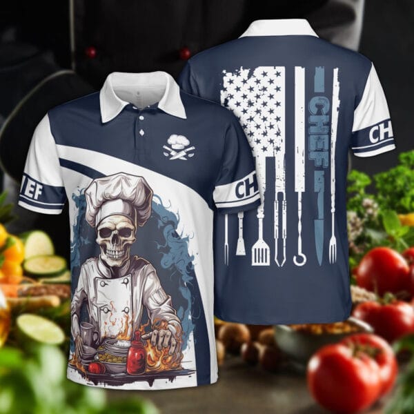 Skull Chef Cooking Polo Shirt For Men, Gift for Chef - Image 2