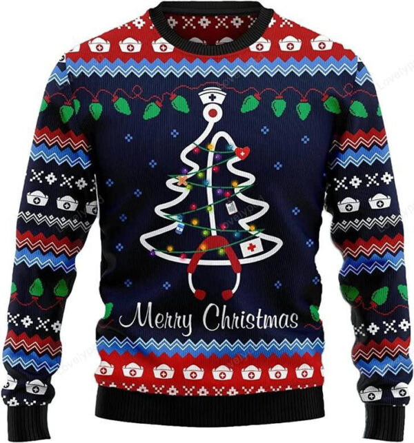 Ugly Christmas Sweaters for Women - Nurse Pine Tree Christmas Mens Sweater Xmas Holiday Crew Neck Shirt - Image 2